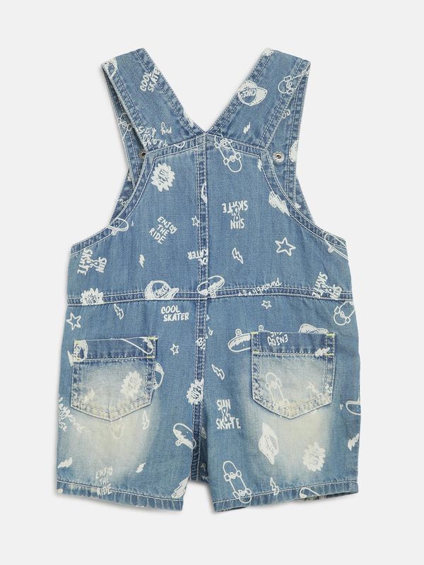 Boys Medium Blue Printed Denim Dungarees image number null